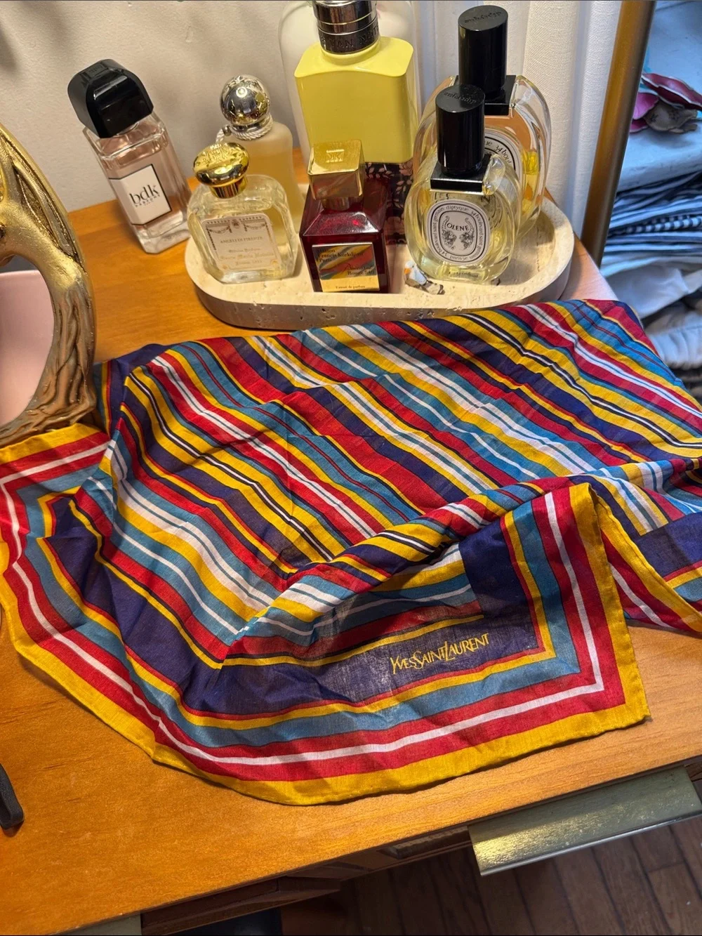 Yves Saint Laurent Striped Multicolor Silk Scarf - Navy, Mustard, Red